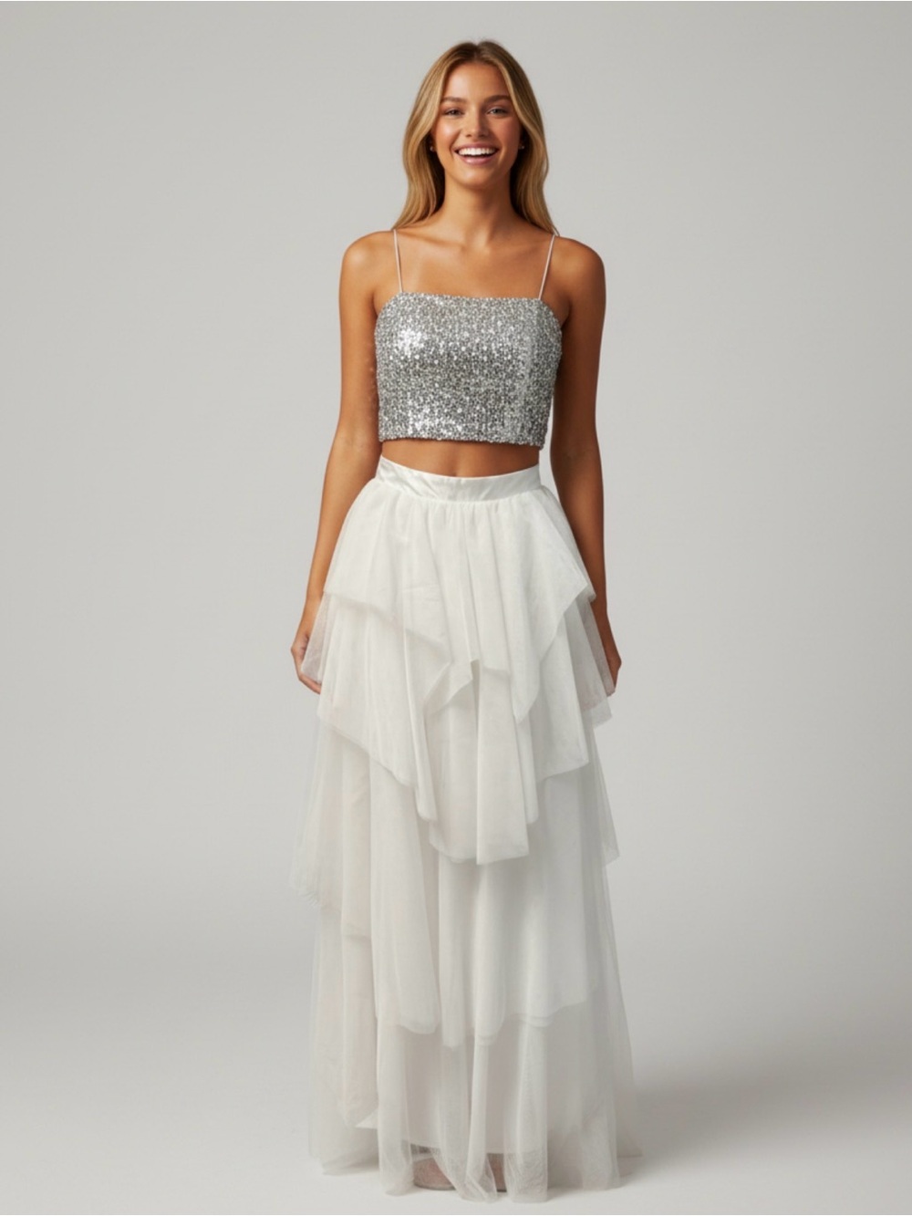 Silver Sequin Crop Top with White Tiered Tulle Skirt Prom Dress